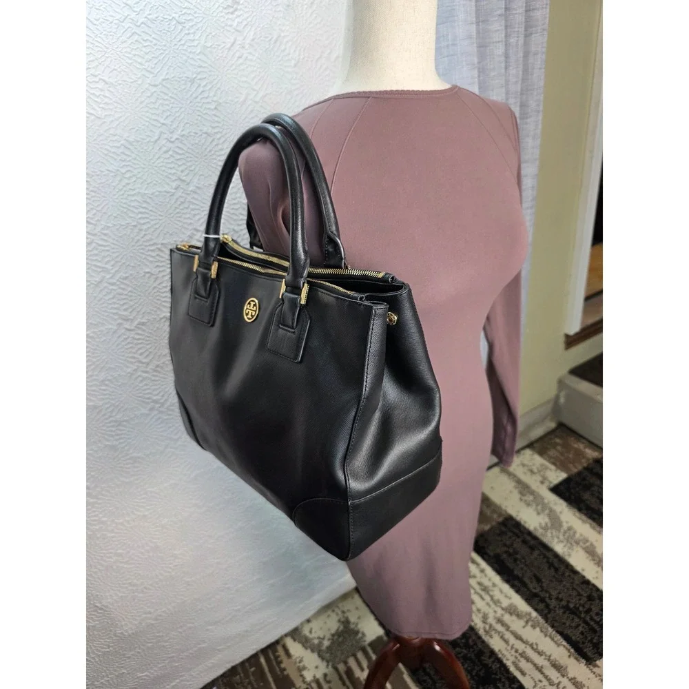 Tory Burch Robinson Double Zip Tote Women Medium Black Good Saffiano Leather